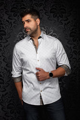 Men's white button-up shirt front view with light gray geometric print, gold buttons, and rolled cuffs by Au Noir