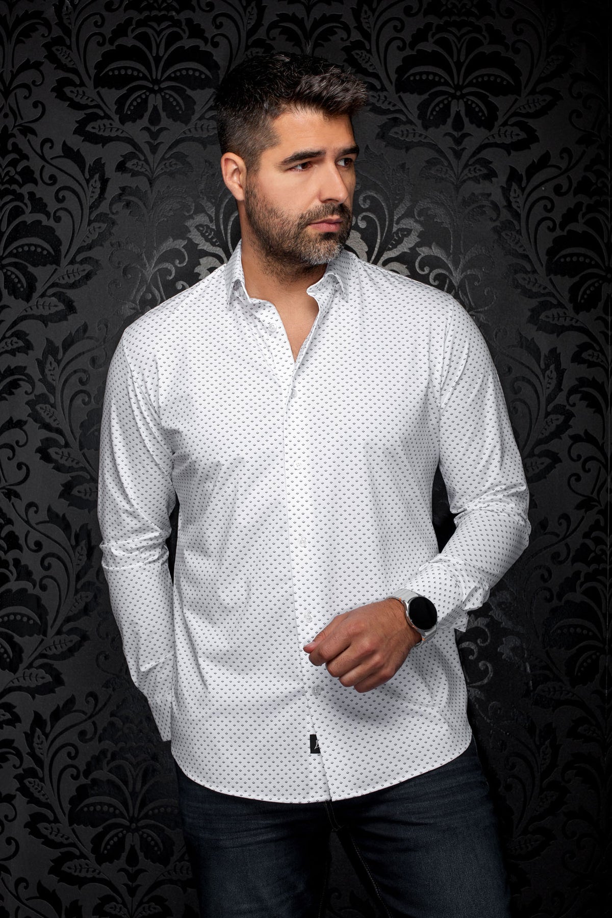Au Noir men's white long sleeve button-up shirt with small black geometric print and point collar, front view