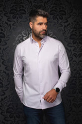 Au Noir men's light lavender long sleeve button-up shirt with pointed collar and white buttons, front model view