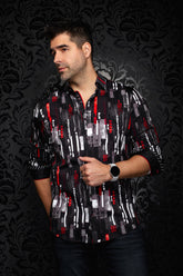Au Noir men's black printed button-up shirt with red accents, curved hem, and rolled sleeves shown from the front