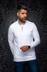 Men's white long sleeve quarter-zip Sport jacket front view with stand collar and tonal chest logo by Au Noir