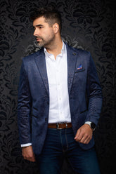 Au Noir men's balanced front view of navy paisley blazer showing notched lapels, pockets, and straight hem
