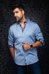 Au Noir men's light blue geometric button-up shirt with rolled contrast cuffs, front model view