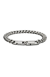 Men's isolated silver curb chain bracelet with polished links, front clasp and engraved Au Noir plates