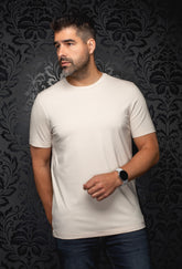 Au Noir men's cream short sleeve crewneck T-Shirt with tonal stitching and straight hem, front view