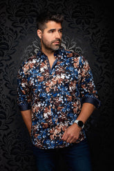 Au Noir men's black floral button-up shirt with blue and brown print and rolled contrast cuffs shown from the front