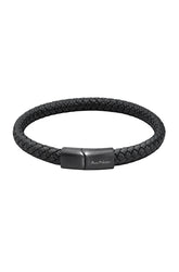 Men's black braided bracelet with dark rectangular clasp and Au Noir logo, product view