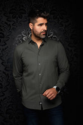 Men's olive green long sleeve button-up shirt, front view with point collar and button placket by Au Noir