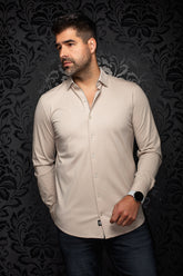 Men's beige long sleeve button-up shirt front view with point collar and subtle tonal grid pattern by Au Noir