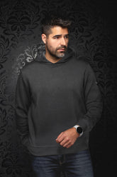 Au Noir men's charcoal gray pullover sport jacket with tonal paisley texture and ribbed hem, front model view