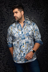 Au Noir men's gray geometric print button-up shirt with rolled contrast cuffs and blue buttons, front view