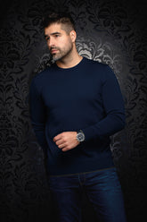 Men's navy crewneck knit cashmere sweater on model, front view with ribbed cuffs and straight hem by Au Noir