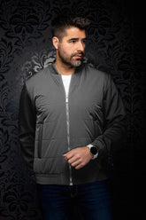 Au Noir men's light gray bomber jacket zipped, with ribbed stand collar, cuffs, and tonal chest logo, front view