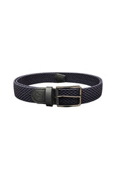 Au Noir men's navy braided belt with black rectangular buckle and embossed logo leather tab, product view