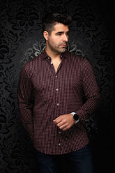 Front view of men's burgundy geometric print button-up shirt with long sleeves and light buttons by Au Noir