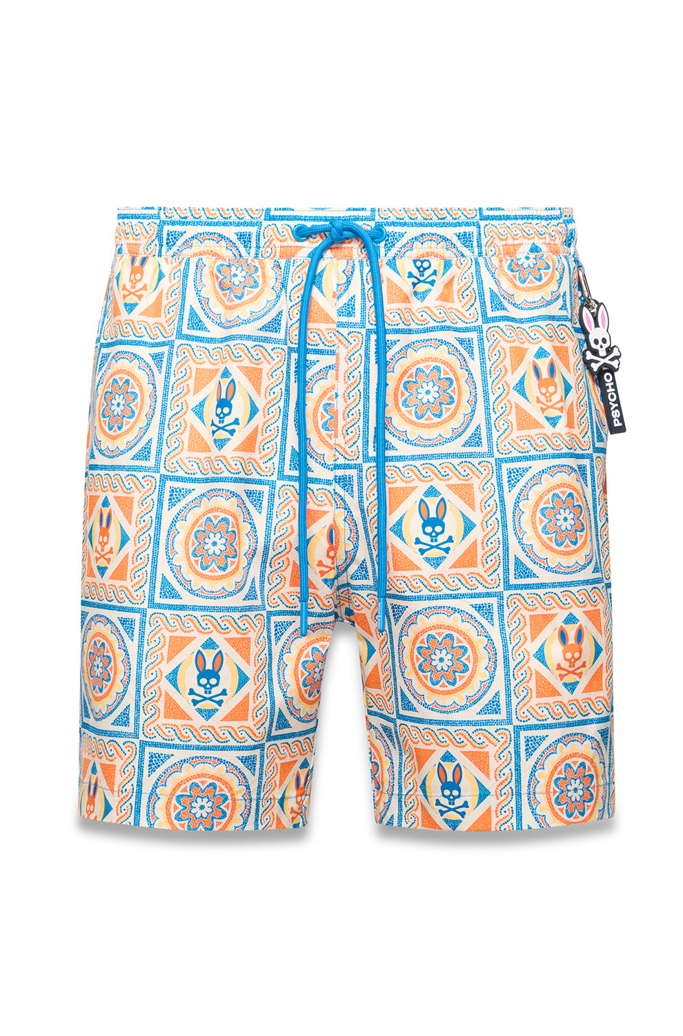 Psycho Bunny men's cream swim shorts with blue drawstring and orange-blue tile print shown from the front