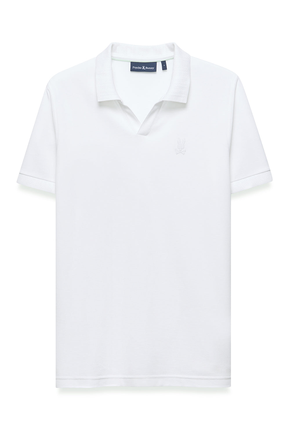 Men's white short sleeve polo shirt front view with ribbed collar and tonal chest logo by Psycho Bunny