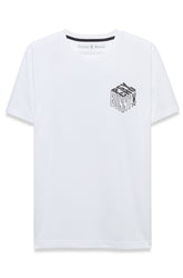 Men's white short sleeve crewneck T-Shirt with small Psycho Bunny block graphic on the left chest, product view
