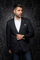 Au Noir men's charcoal gray textured blazer with notched lapels, flap pockets, and lapel pin shown from the front