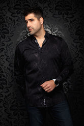 Men's black tonal paisley button-up shirt, front model view with open collar and black buttons by Au Noir