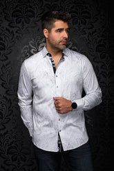Au Noir men's white shirt with gray marbled print, clear buttons and black inner placket, front view