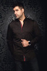 Men's black shirt with brown micro pattern, front model view with red inner placket visible by Au Noir