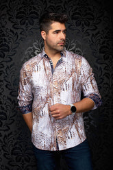 Au Noir men's white and brown patterned button-up shirt with navy contrast cuffs, front model view