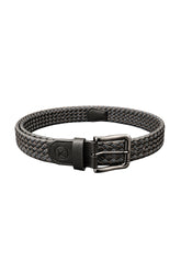 Au Noir men's black braided leather belt with gunmetal buckle, keeper loop, and embossed logo tab, product view