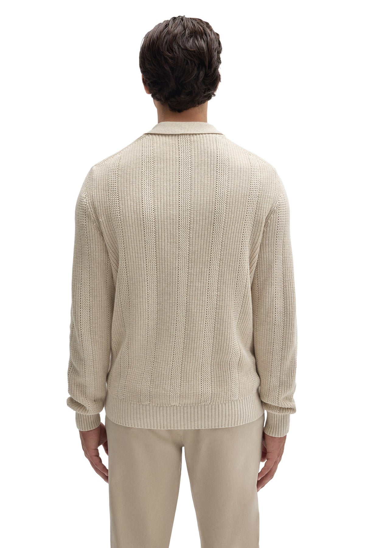 Robert Barakett men's cream long sleeve textured knit polo with hem, cuffs and ribbed collar shown from the back