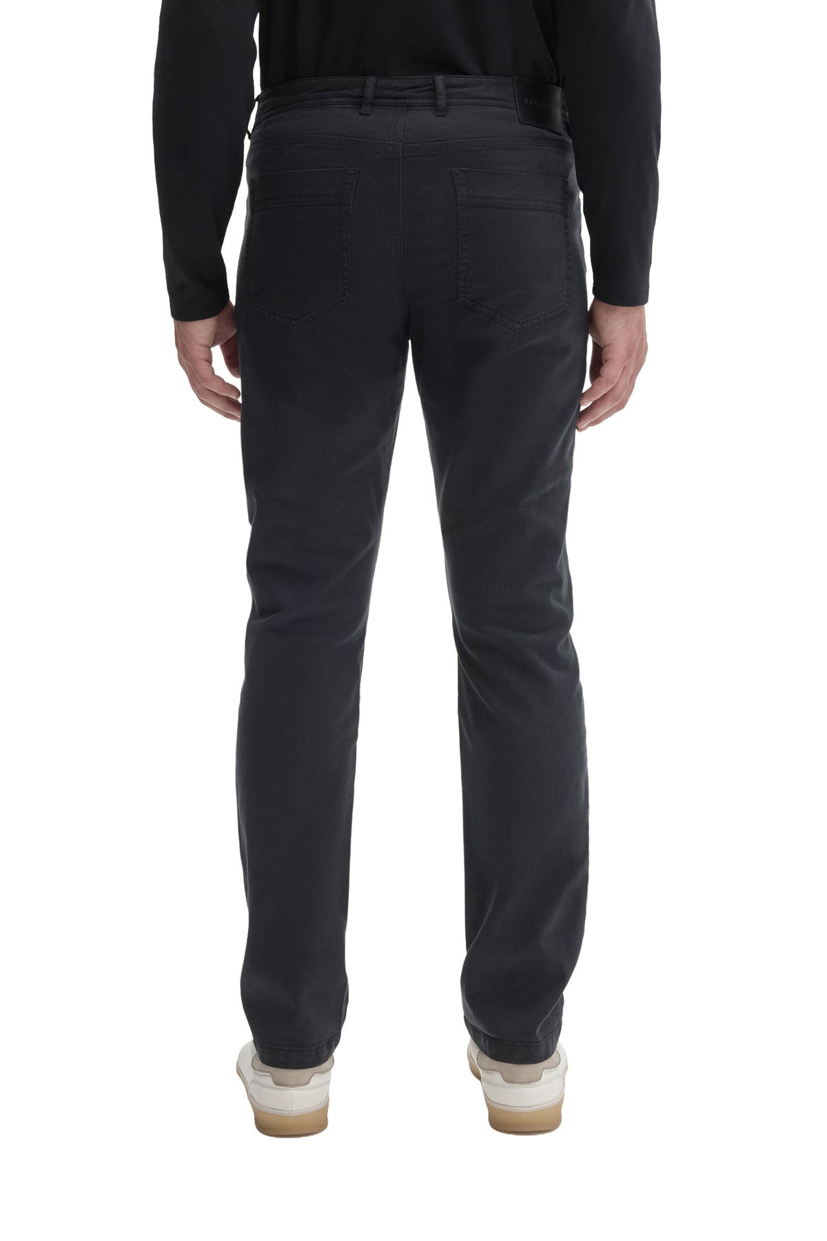 Robert Barakett men's dark charcoal five-pocket straight-leg pants with patch pockets shown from the back