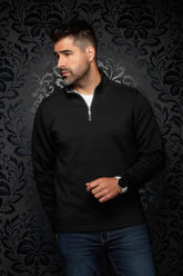 Au Noir men's black long sleeve quarter-zip sports jacket with stand collar and straight hem, front view