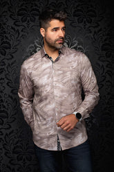 Au Noir men's beige abstract print button-up shirt with black contrast inner placket, front view
