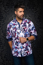 Au Noir men's light pink floral button-up shirt with rolled navy contrast cuffs, front view
