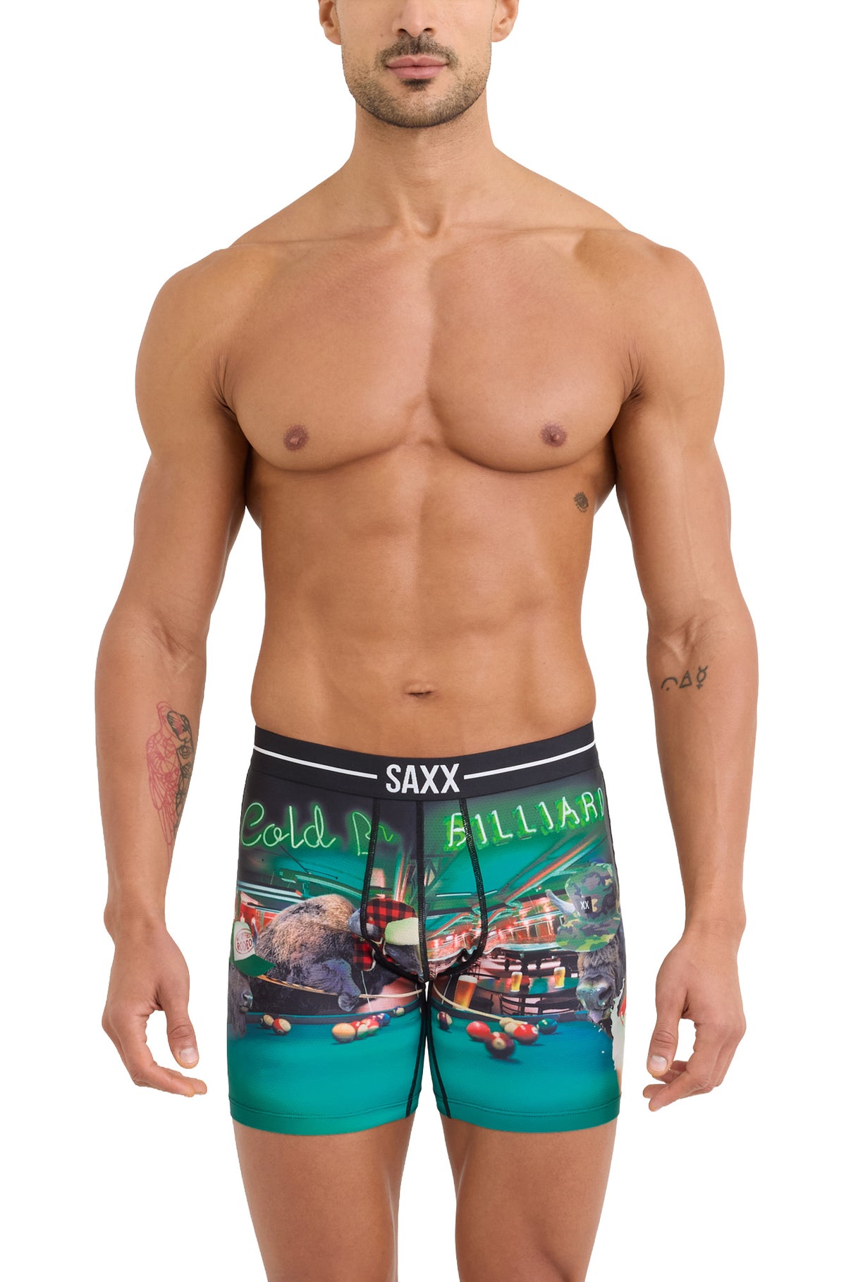 Men's teal boxer underwear with black SAXX waistband and billiards graphic shown from the front