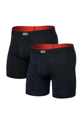Men's black and navy SAXX boxer underwear with red inner waistbands shown from the front