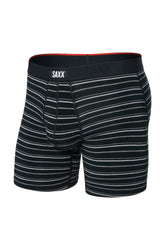 Saxx men's black striped boxer underwear with SAXX waistband label and contoured pouch, isolated front view