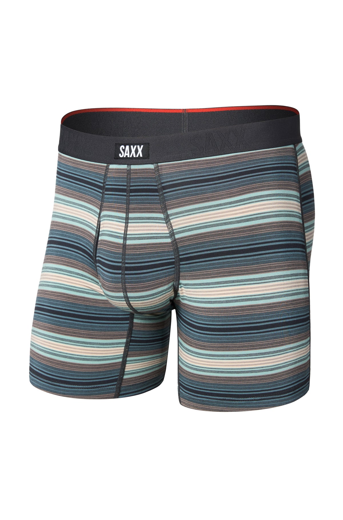 Saxx men's striped teal boxer boxer brief underwear with pouch seams and black logo waistband shown from the front