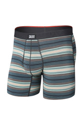 Saxx men's striped teal boxer boxer brief underwear with pouch seams and black logo waistband shown from the front