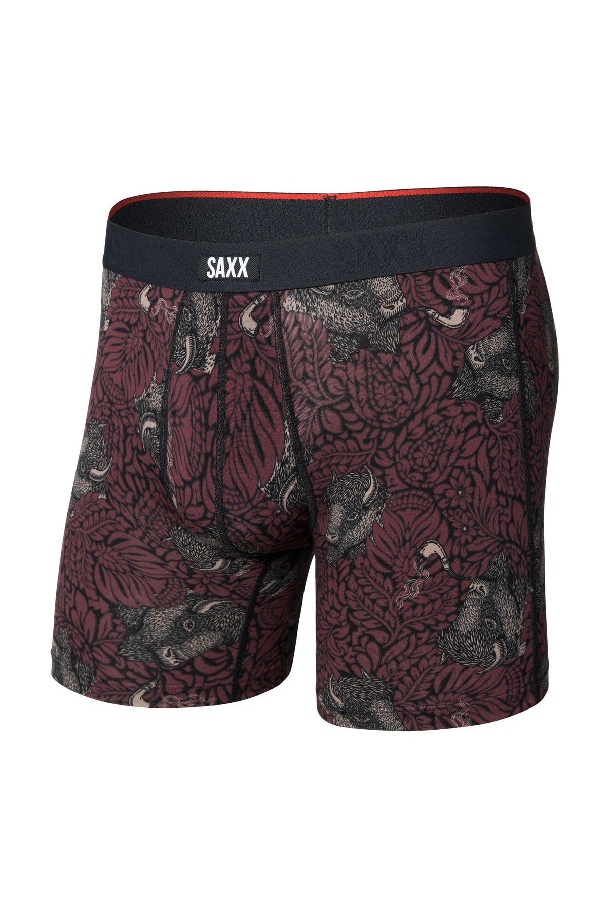 Men's burgundy printed boxer briefs with animal floral motif and black SAXX waistband shown from the front
