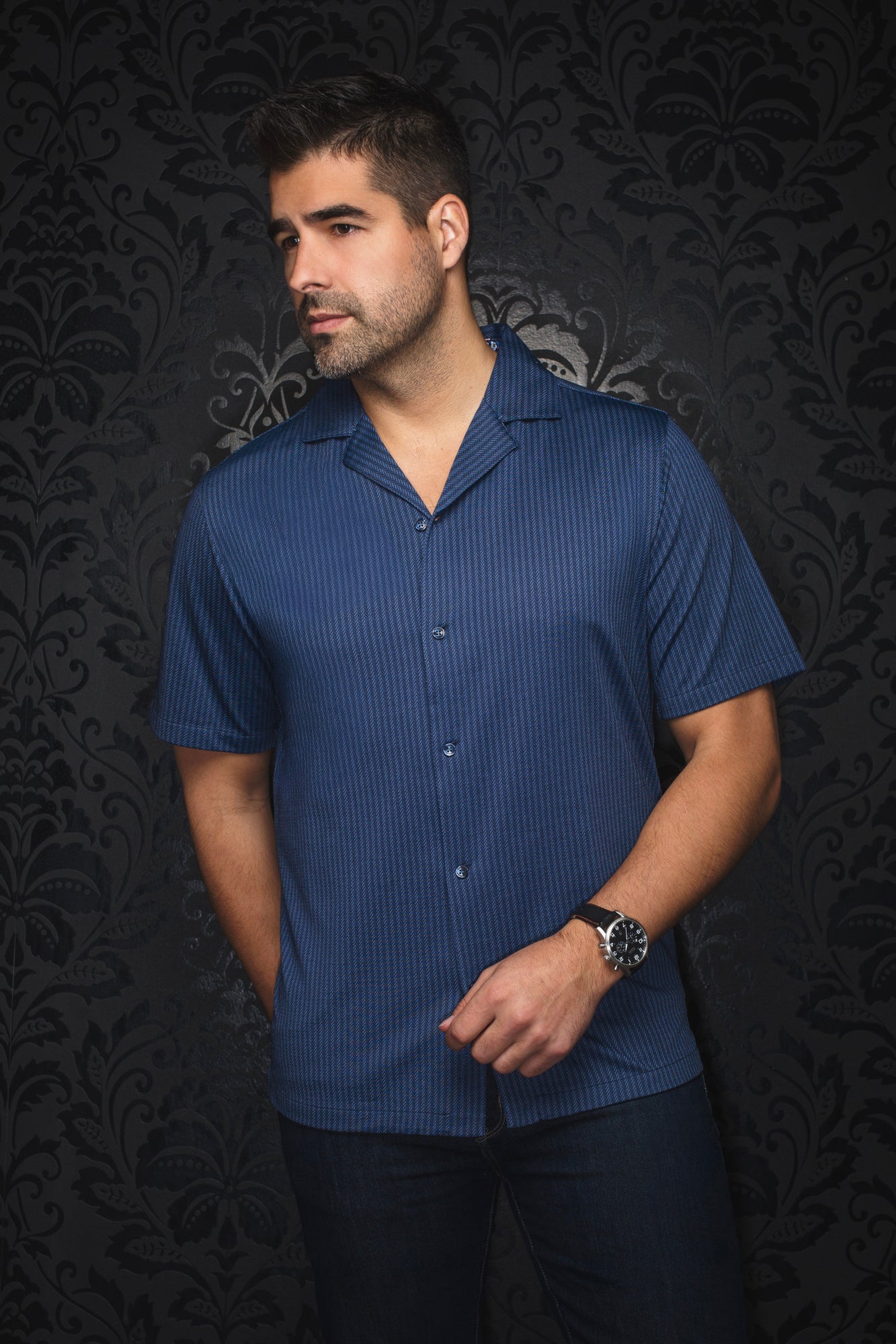 Chemise manches courtes en nylon à col plat pour homme par Au Noir | WAIKIKI-T Bleu | Machemise.ca, inventaire complet de la marque Au Noir
