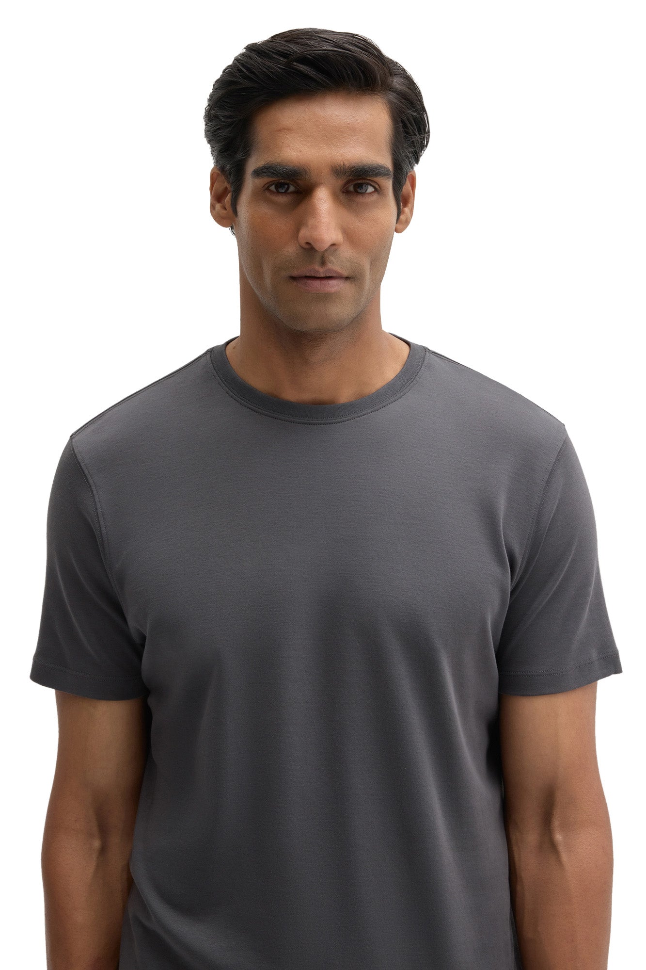 Men's close front view of a charcoal gray crewneck Short-sleeve T-Shirt showing ribbed collar by Robert Barakett