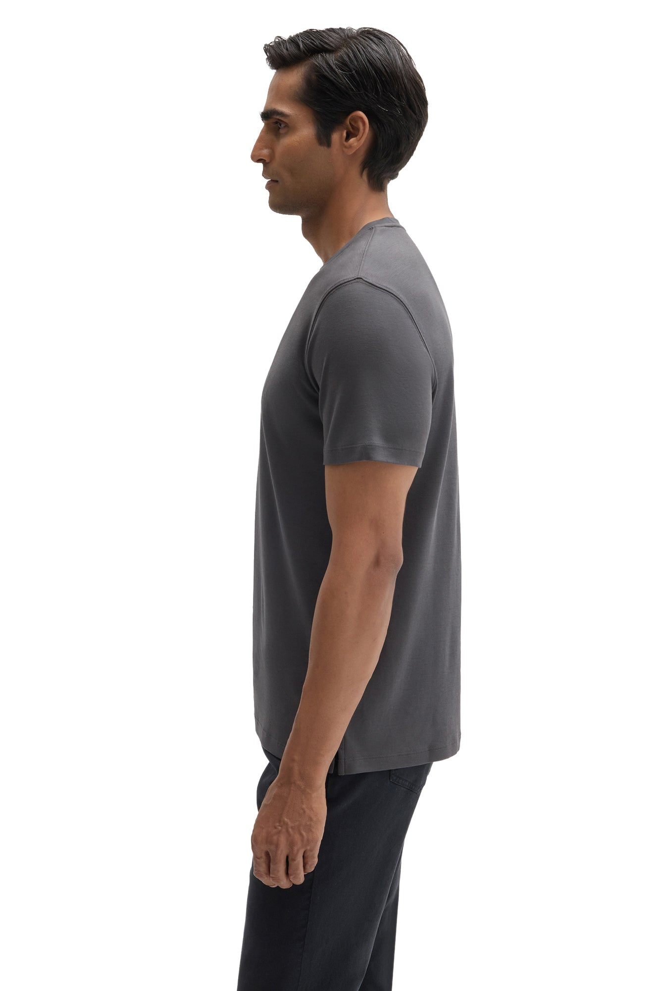Side view of men's charcoal gray short sleeve crewneck T-Shirt showing sleeve and shoulder seams by Robert Barakett