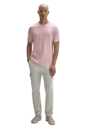 Men's full outfit front view showing light pink short sleeve crewneck T-Shirt with straight hem by Robert Barakett