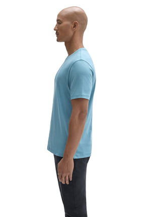 Robert Barakett men's light blue short sleeve crewneck T-Shirt with straight hem shown from the side