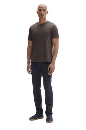 Men's full front model view of a dark taupe brown short sleeve crewneck T-Shirt with straight hem by Robert Barakett