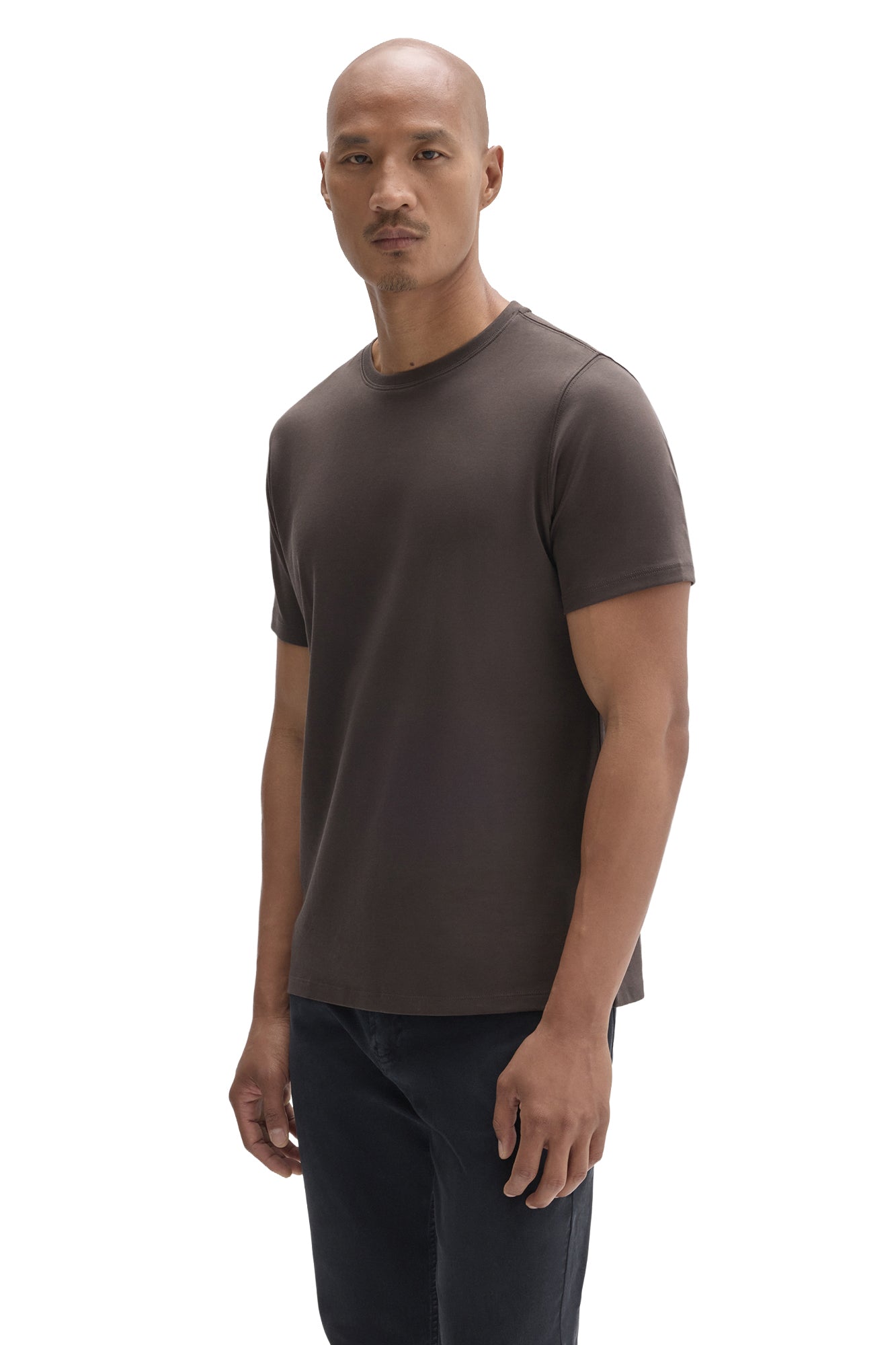 Men's angled model view of a dark taupe brown short sleeve crewneck T-Shirt with plain front, side view by Robert Barakett