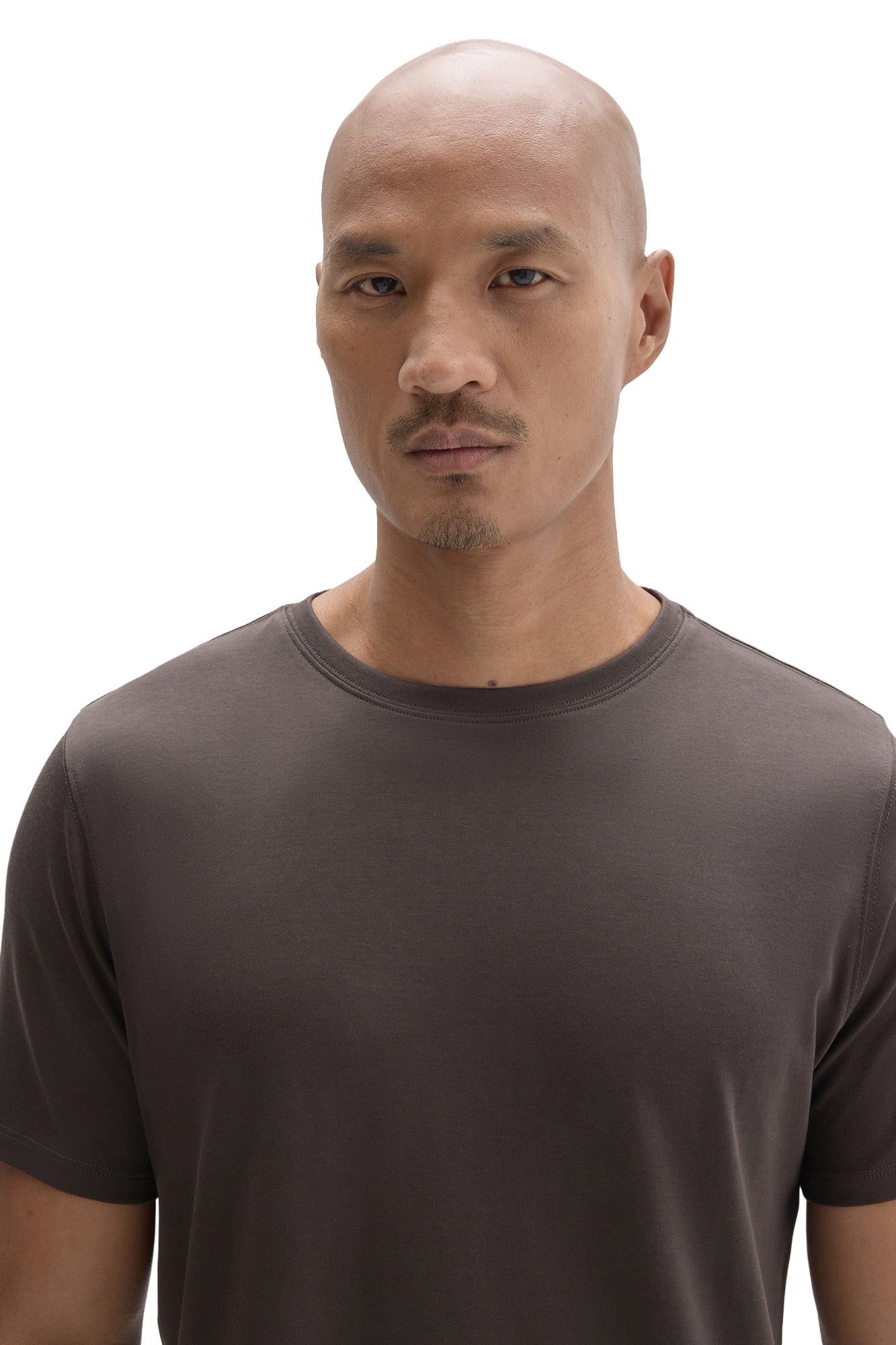 Robert Barakett men's close front view of a dark taupe brown crewneck Short-sleeve T-Shirt with tonal neck stitching