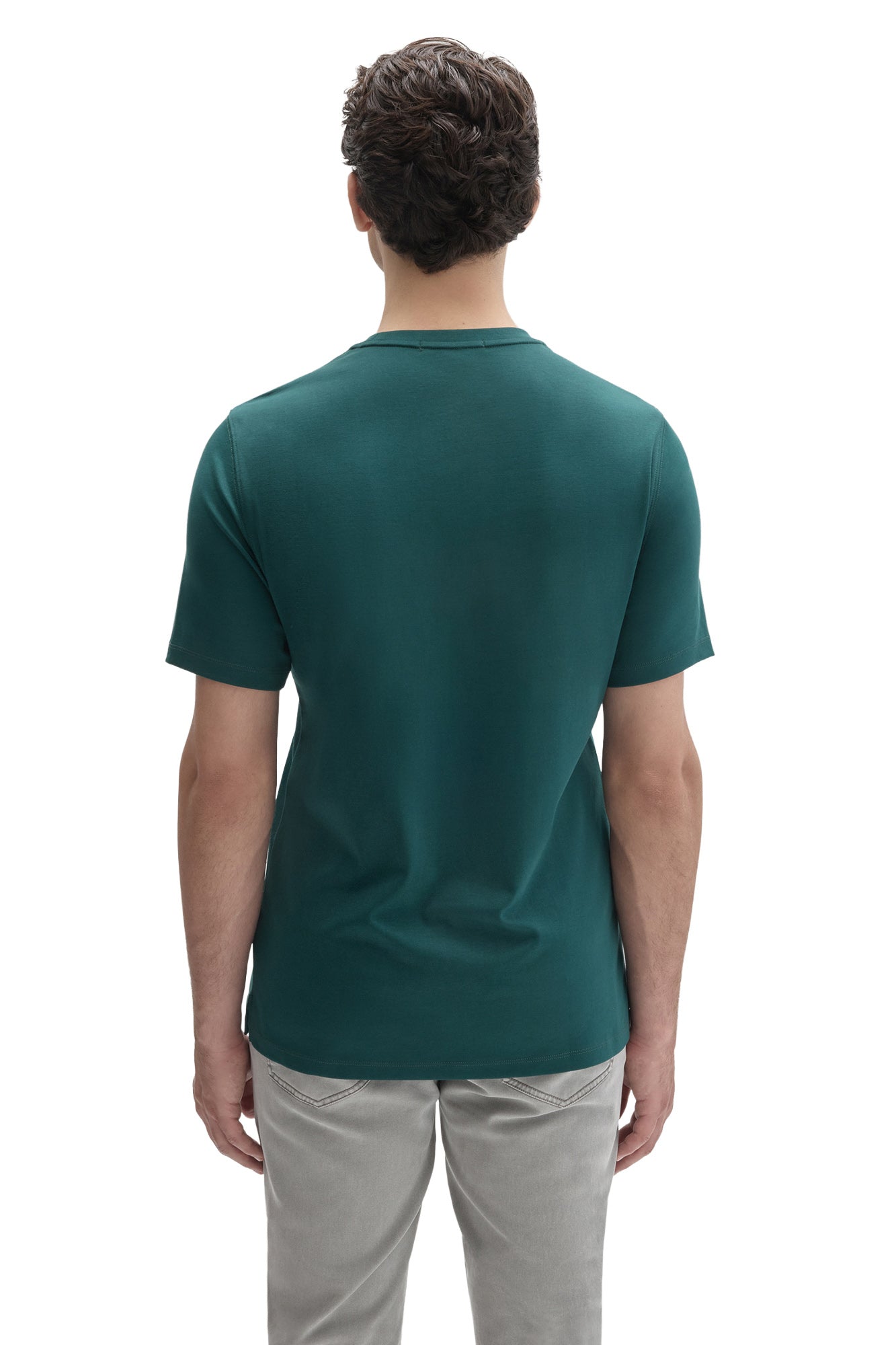 Robert Barakett men's teal short sleeve crewneck T-Shirt with a straight stitched hem shown from the back