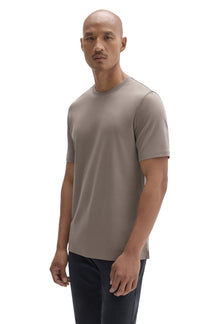 Men's taupe grey short sleeve crewneck T-Shirt on model, front angled view with straight hem by Robert Barakett