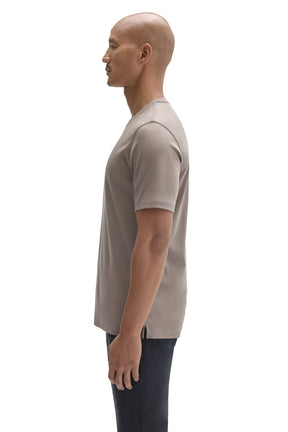 Robert Barakett men's taupe grey short sleeve crewneck T-Shirt showing small hem vent and sleeve seam, side view